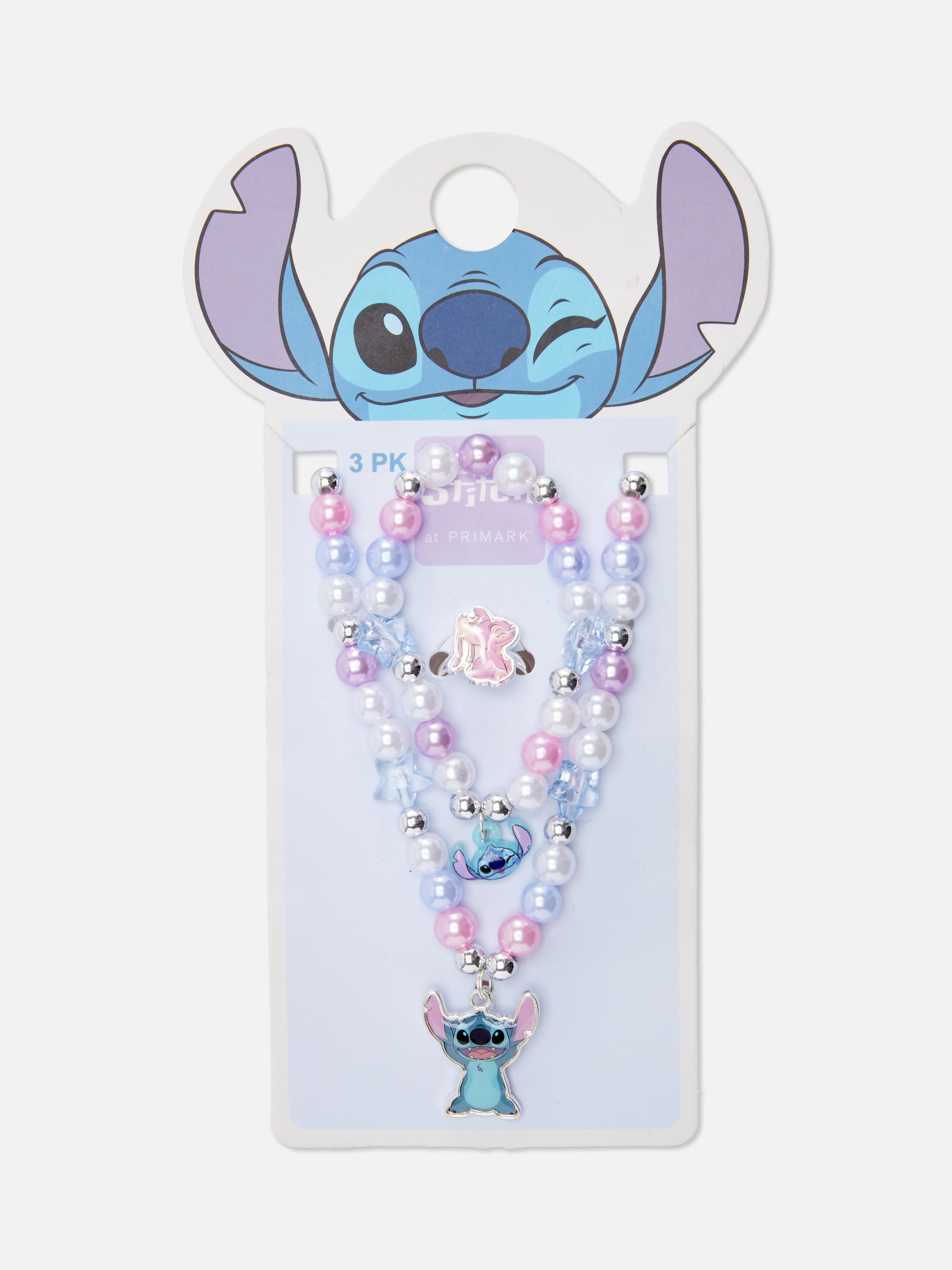 Bijuterii cu mărgele Disney Stitch, set de 3. Un set de trei bijuterii cu personaje Disney, inclusiv colier, brățară și inel.