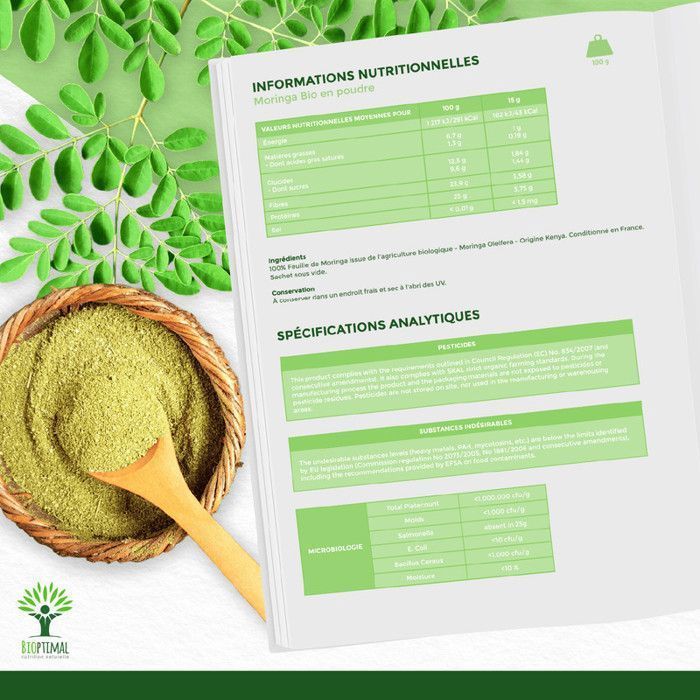 Moringa biologica - Polvere di foglie di Moringa Oleifera 100% - Indice glicemico - Confezionato in Francia - Vegano - 100 g