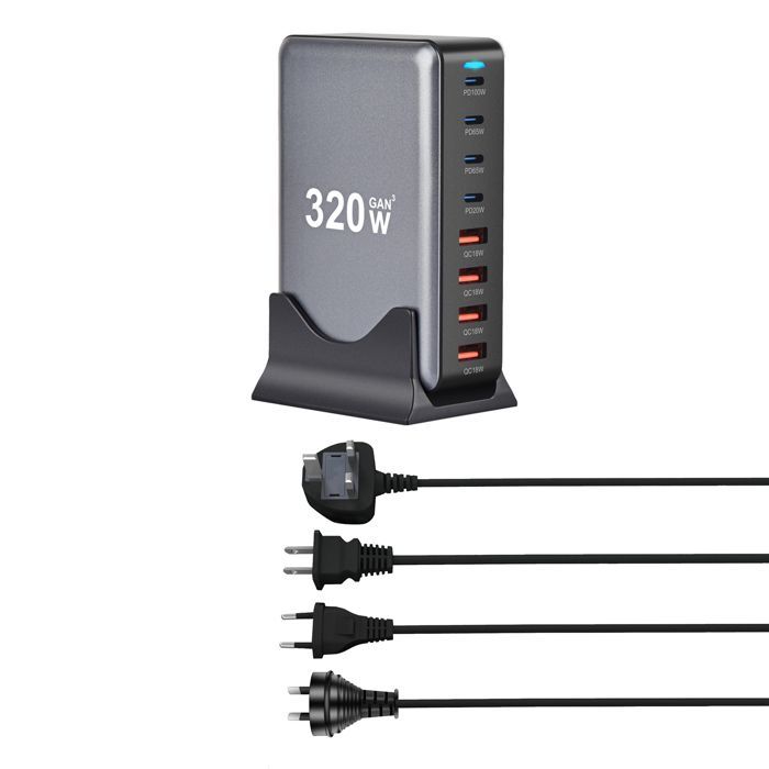 Cargador USB-C multipuerto de 320 W, estación de carga rápida con tecnología GaN III de 8 puertos y regleta de alimentación USB de 4 A + 4 C, color gris.