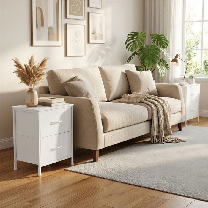Mesita de noche con 2 cajones, juego de 2, para dormitorio, color blanco.
