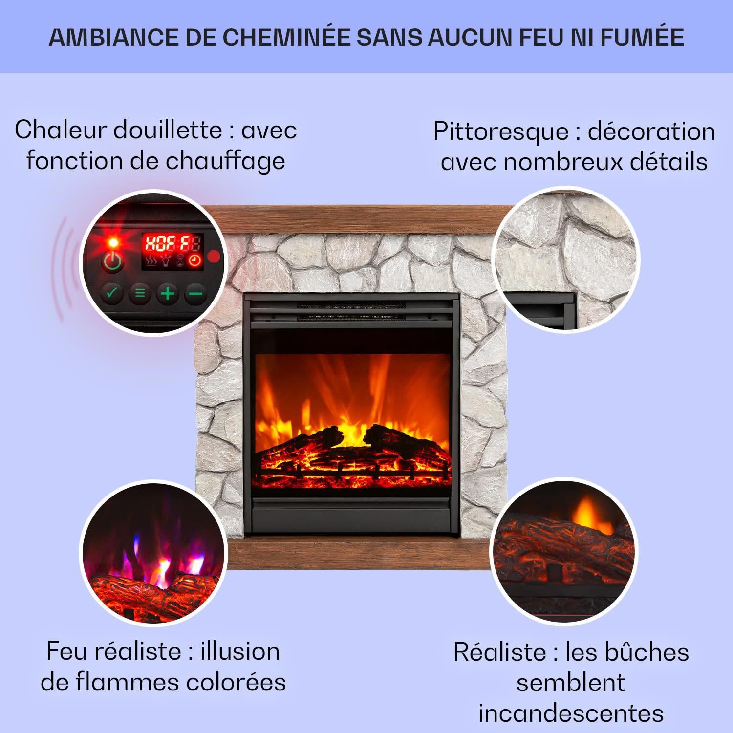 Chimenea eléctrica con efecto llama - Klarstein - 1800/900 W - Chimenea LED decorativa con mando a distancia - Marrón