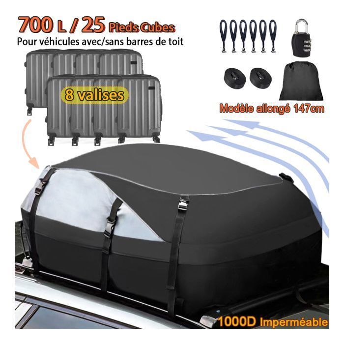 Sac de Toit Voiture - 700L/25 Pieds Cubes - Coffre de Toit Souple Imperméable pour Tous Véhicules avec/sans Barres de Toit -Cadenas