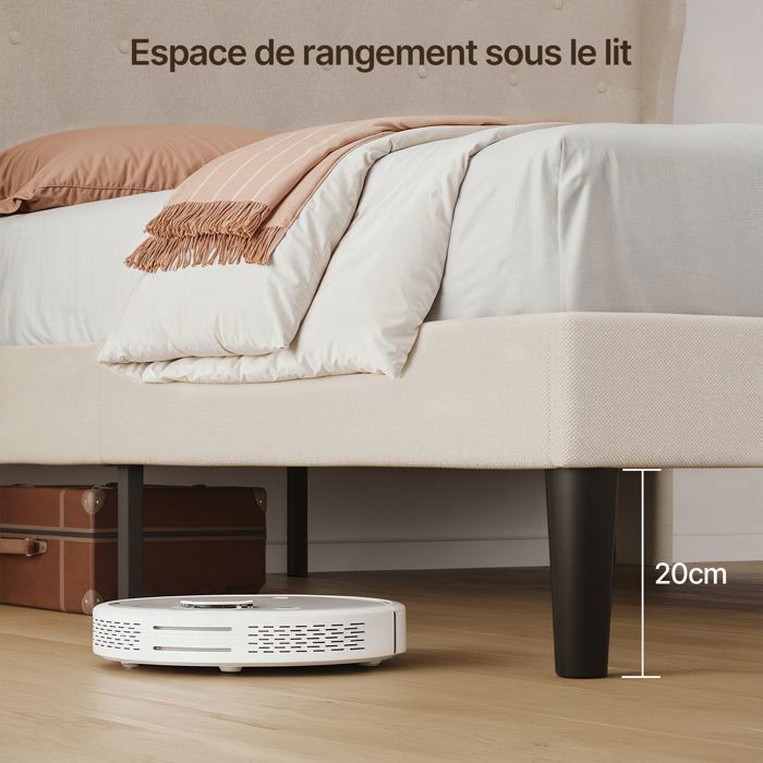 Struttura letto Bealife - 140 x 200 cm - Letto imbottito - Doghe in legno a fuso - Letto singolo - Vano contenitore da 20 cm - Beige