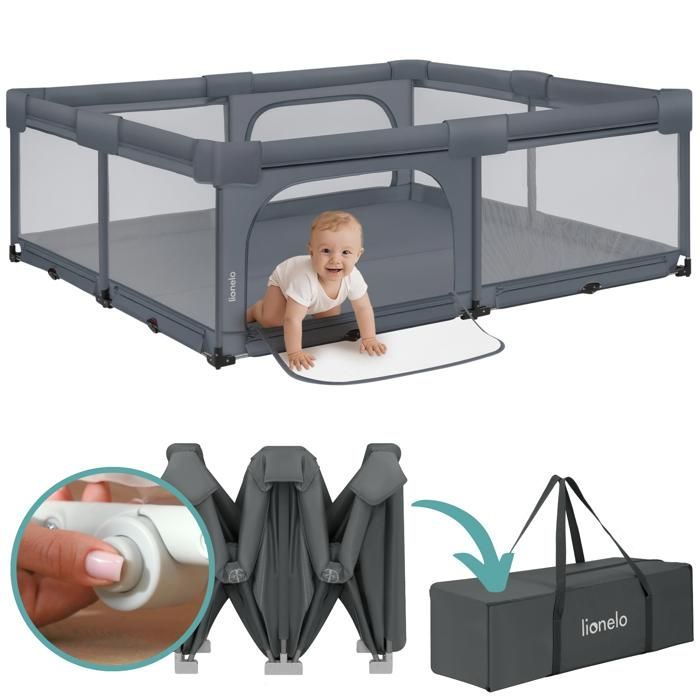 Parque infantil grande para bebé de 180x200 cm LIONELO Florence - Montaje muy rápido - Espacio extragrande - Para interior/exterior - Bolsa incluida - Gris