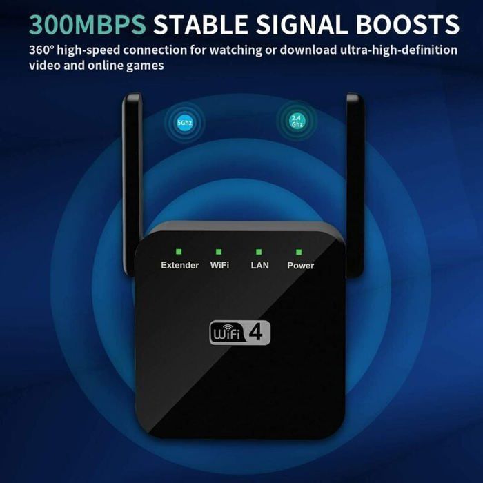 Ripetitore WiFi ultracompatto nero da 2,4 GHz 300 Mbps con connettore RJ45
