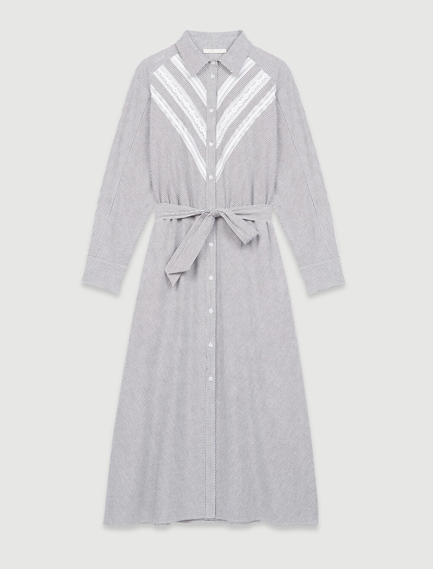 Rochie cămașă cu dungi și dantelă - Bleumarin/Ecru