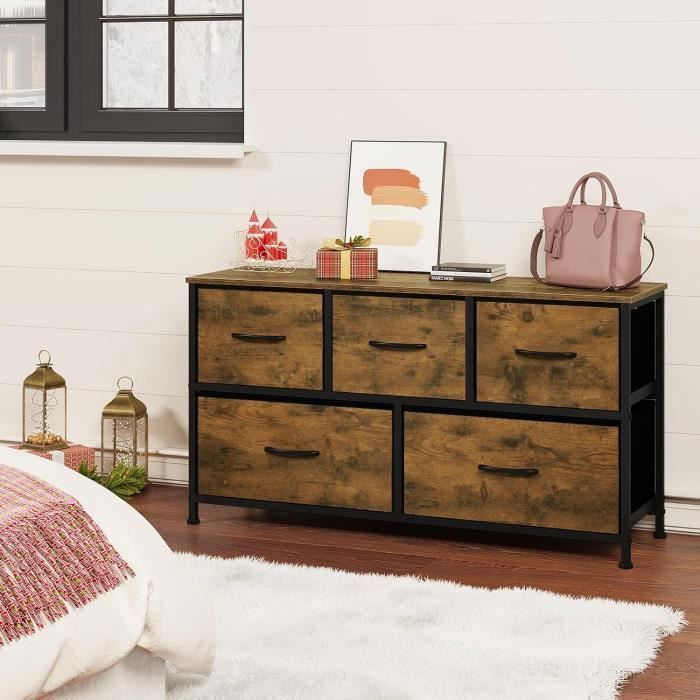 Cômoda WOLTU, Armário de Madeira Engenheirada, Gavetas em Tecido, Estrutura Metálica, Estilo Industrial, 100x30x54cm, Marrom Rústico W0ITT0093