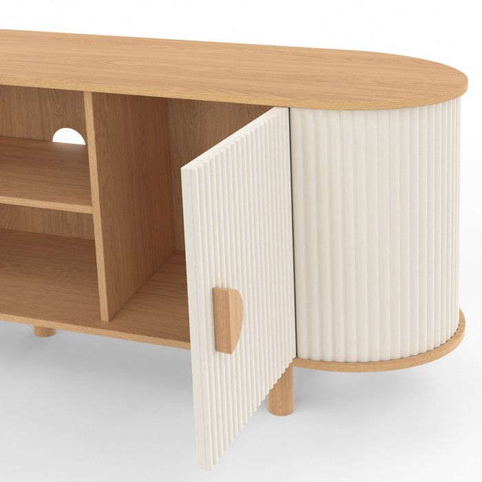 Mobile porta TV IDMARKET KANEL da 140 cm con 2 ante, finitura beige scanalata e legno.