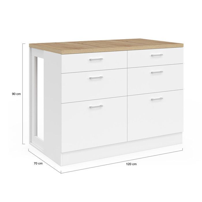 Mesa de bar central IDMARKET ORSO de 120 cm con 6 cajones, color blanco y tablero de madera.