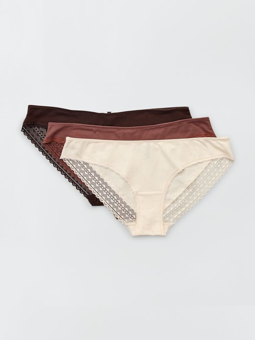 Set van 3 katoenen kanten slipjes - BEIGE