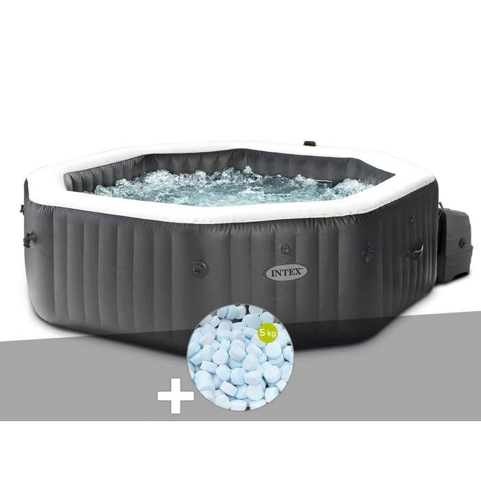 Kit de bañera de hidromasaje inflable octogonal Intex PureSpa Carbon con burbujas y chorros, capacidad para 4 personas + 5 kg de sal.