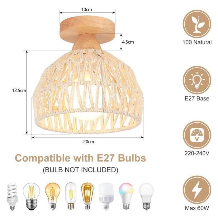 IDEGU Plafoniera industriale, lampada da soffitto vintage a gabbia, lampadario regolabile in legno di rattan bianco, stile rustico per soggiorno e camera da letto