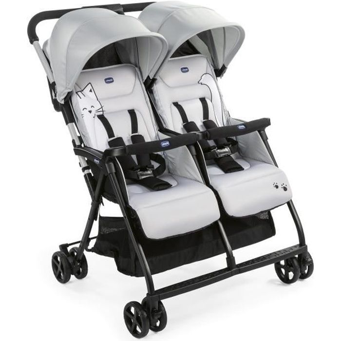 CHICCO Poussette double compacte Ohlala Twin - Dès la naissance - Jusqu'à 15kg - 78 cm de large - Arceau de sécurité - Silver cat