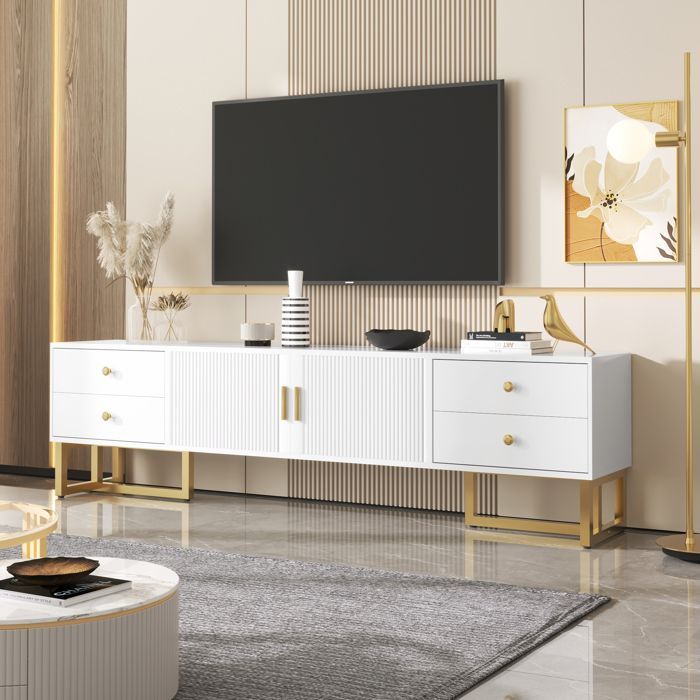 Mobile porta TV da 175 cm - moderno - gambe e finiture dorate - 4 cassetti + 2 ante - truciolato - bianco
