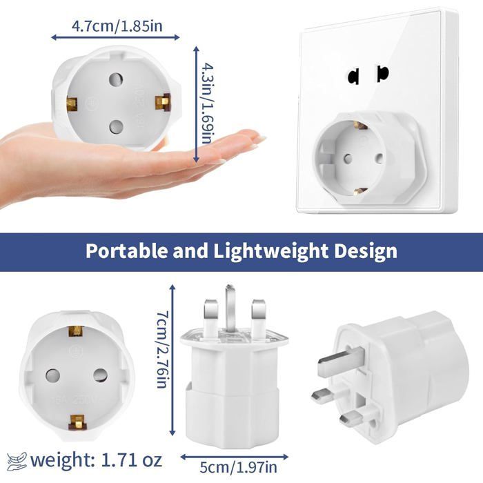 Set adaptor priză Marea Britanie, 3 piese, adaptor de călătorie Franța-Marea Britanie, adaptor tip G, adaptor priză Marea Britanie-Franța