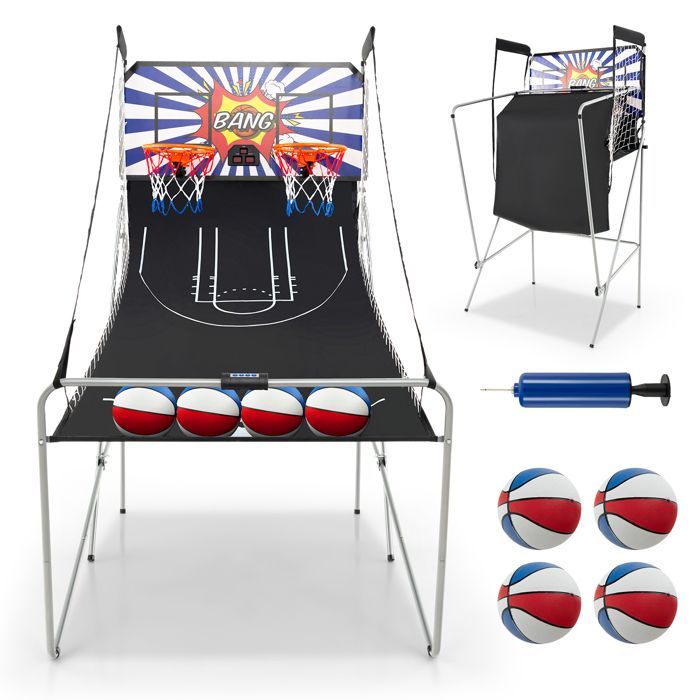 GYMAX Folding Arcade Basketball Game with Double Hoops, 8 Game Modes, Electronic Display, 4 Balls, Pump