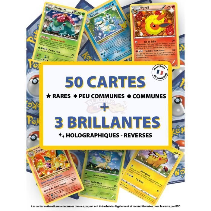 Lote de 53 cartas Pokémon oficiales francesas, NUEVAS - 3 BRILLANTES | 3 RARAS - Sin duplicados