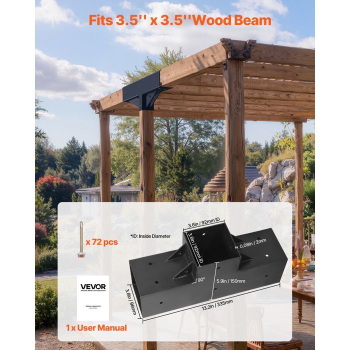 Support de Pergola-VEVOR-Lot de 4-Support de Poteau Bois 92x92 mm-Forme T-avec Vis pour Poutres en Bois Standard Toit Plat