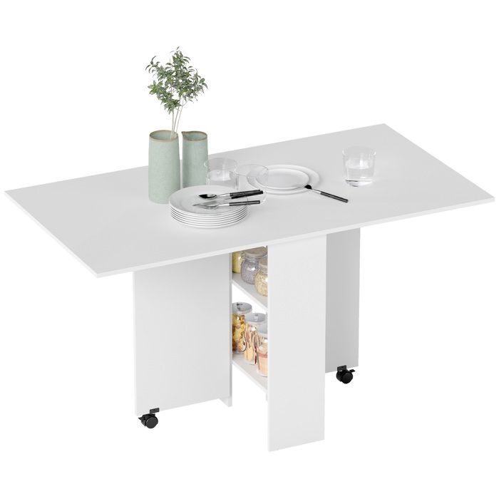 Mesa de cocina plegable - HOMCOM - con ruedas, 2 estantes integrados, mueble - madera - 75x140x74cm - blanco