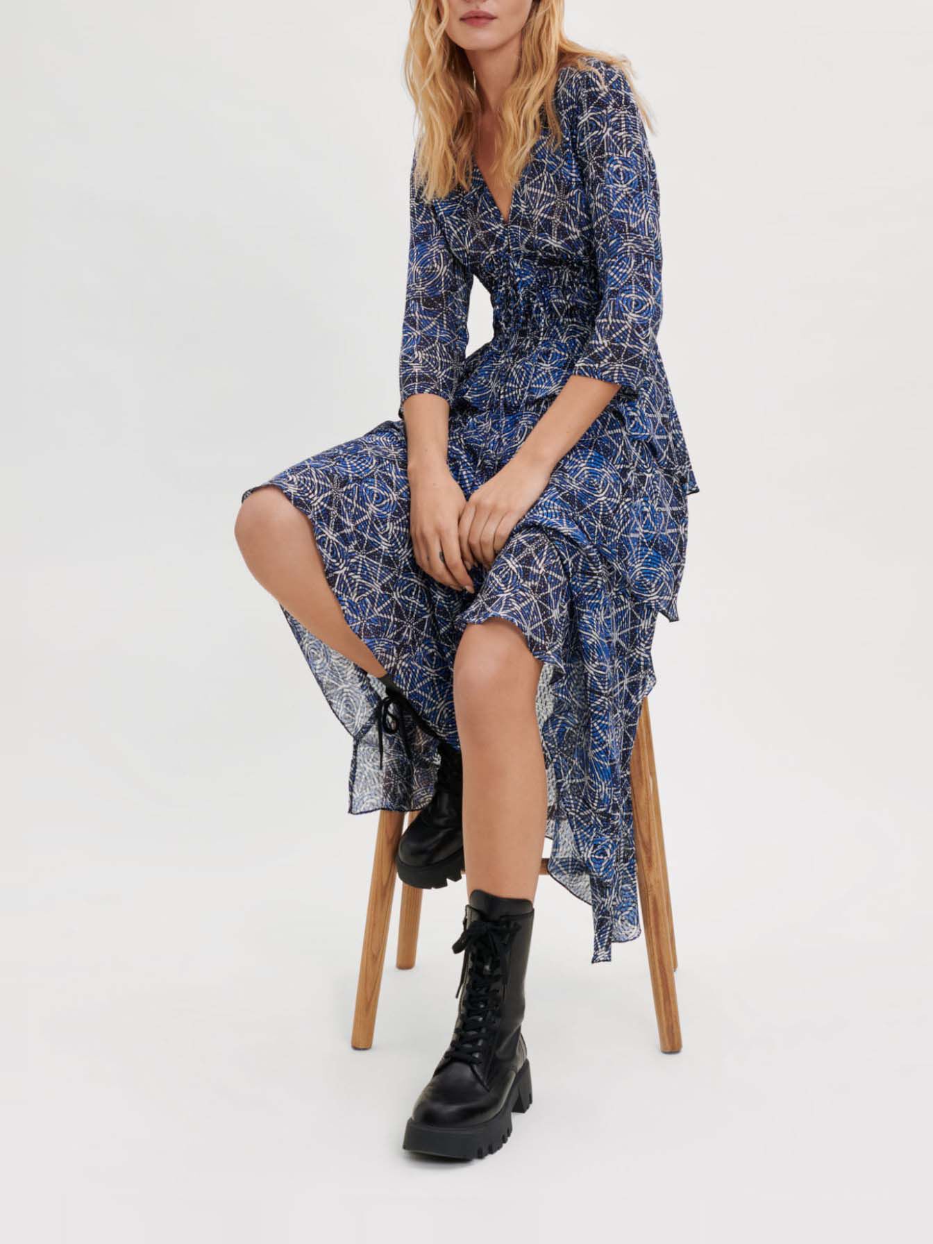 Rochie cu volane din viscoză-indigo