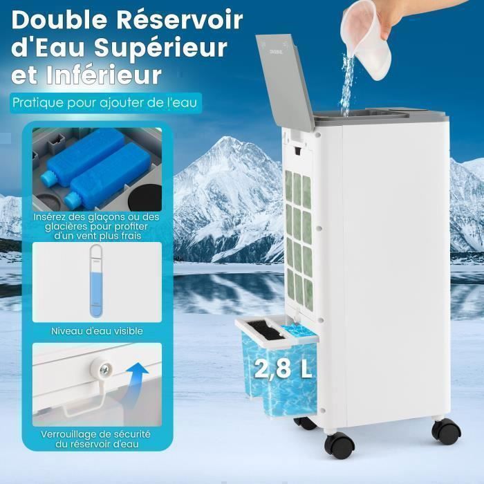 COSTWAY 4-i-1 bærbar klimaanlæg 60W - Dobbelt 2,8L tank - Fjernbetjening, LED touchskærm - 12 timer - 60° oscillation - 3 ventilatorhastigheder - Grå