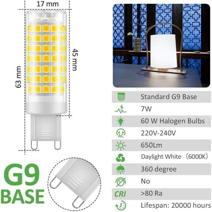 Ampoule G9 LED Blanc Froid 6000K 7W Lampes Equivalente 60W Halogène Lumière 650LM  G9 Standard AC 220-240V Non-dimmable Lot de 6