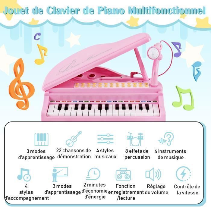 Piano infantil COSTWAY de 31 teclas con taburete, micrófono, 3 modos de enseñanza, luz LED, reproductor de MP3, 4 estilos musicales, 22 canciones, color rosa.