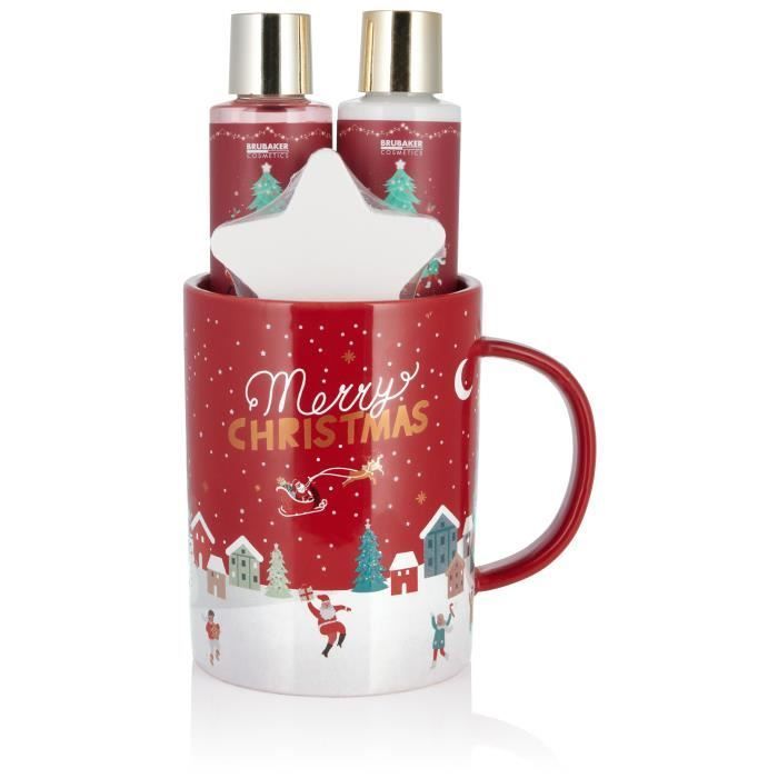 Cosméticos BRUBAKER - Set de regalo para baño y ducha - Bayas de invierno - Set navideño - 4 piezas - con taza de cerámica - Idea de regalo para mujeres
