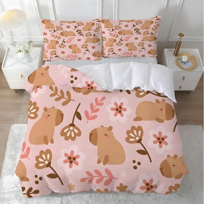 Funda nórdica infantil de 140x200cm con un bonito diseño de capibara, juego de ropa de cama de microfibra con estampado floral de dibujos animados para niñas y niños con fundas de almohada.