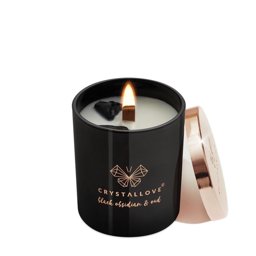Crystallove svece, melnais obsidiāns, sojas vasks un agarmedis – 1 gab.