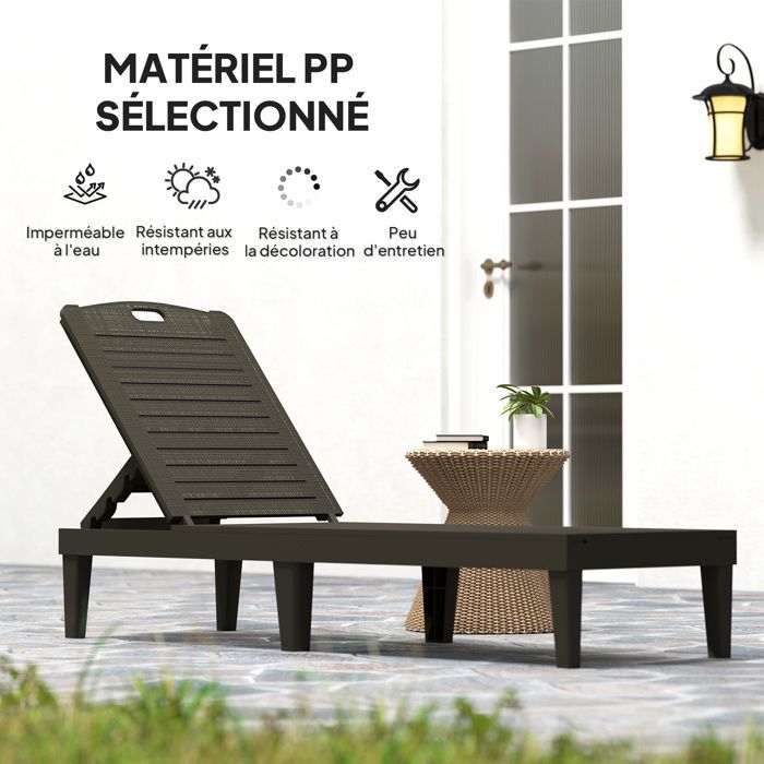Set of 2 sun loungers - Outsunny - 4-position adjustable backrest - PP - 56 x 187 x 28 cm - black