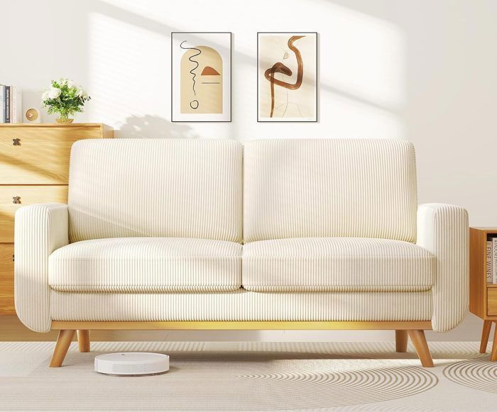 Sofá grande de 2 lugares em veludo cotelê bege, estilo escandinavo, para sala de estar, quarto ou escritório, com pés de madeira maciça, 172 x 76 x 88 cm.