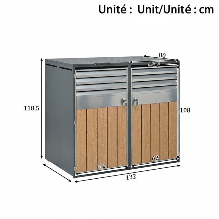 Cache-poubelle - LANGTU - XL 4 conteneurs - Acier galvanisé - Couvercle à vérin - Effet bois gris