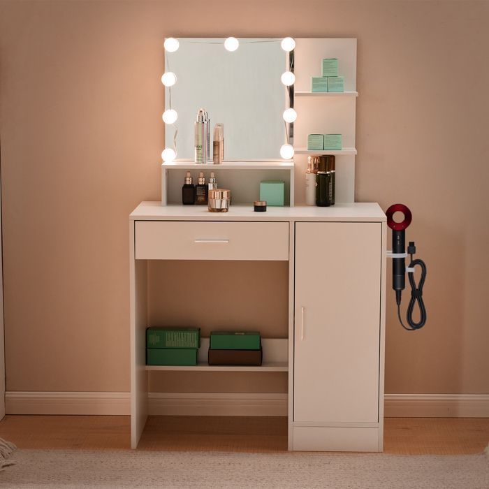 Coiffeuse avec  Miroir LED 3 Couleurs Réglables, Tiroirs et Porte, 80x40x130 cm, Blanc