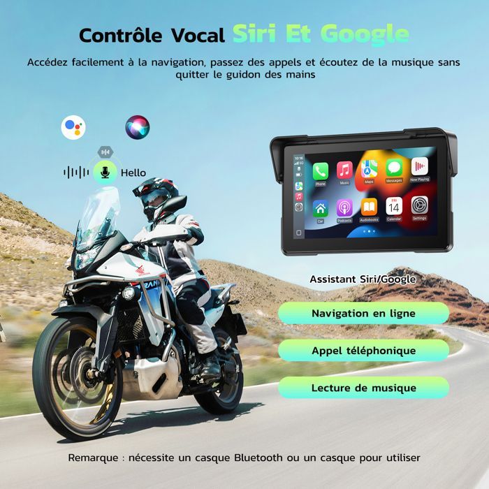 Radio para coche CAMPARK de 7'' con CarPlay para motocicletas, pantalla táctil, resistente al agua IP67, compatible con Apple CarPlay y Android Auto, inalámbrica Bluetooth/WIFI/GPS.