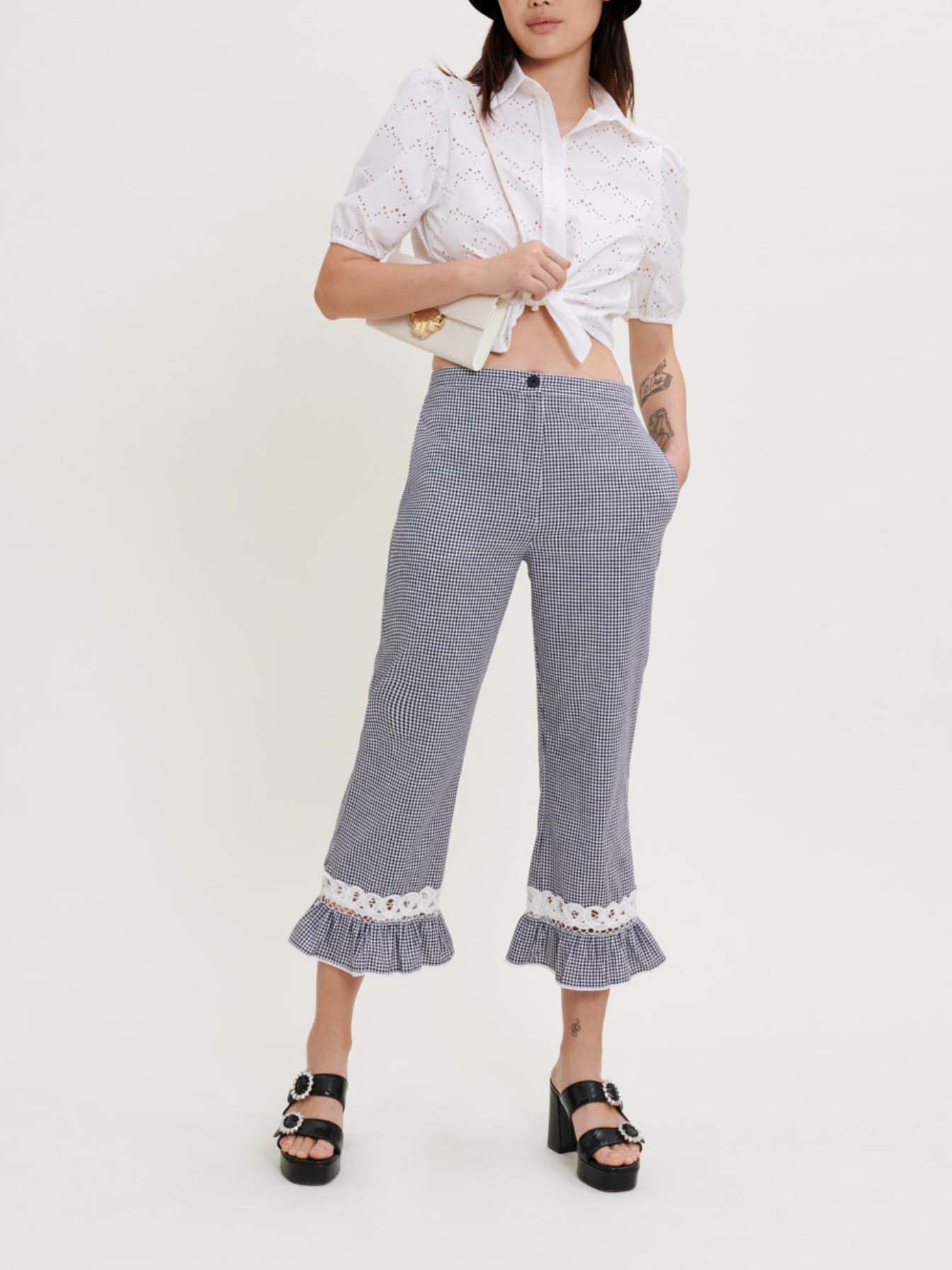 Pantaloni în carouri Vichy și dantelă - Bleumarin / Ecru