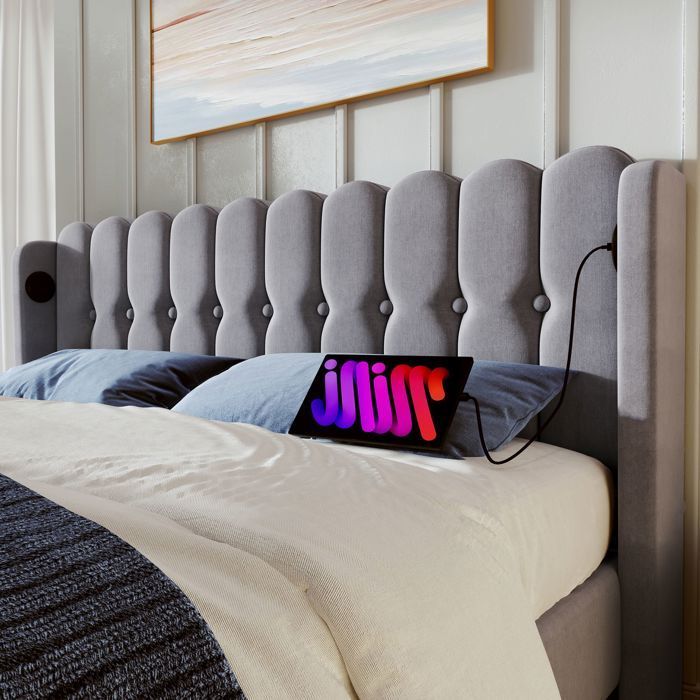 Lit double 140x200 cm Lit adulte 2 personnes Lit capitonné avec chargeur USB Type C, cadre de lit avec sommier à lattes, lin, gris