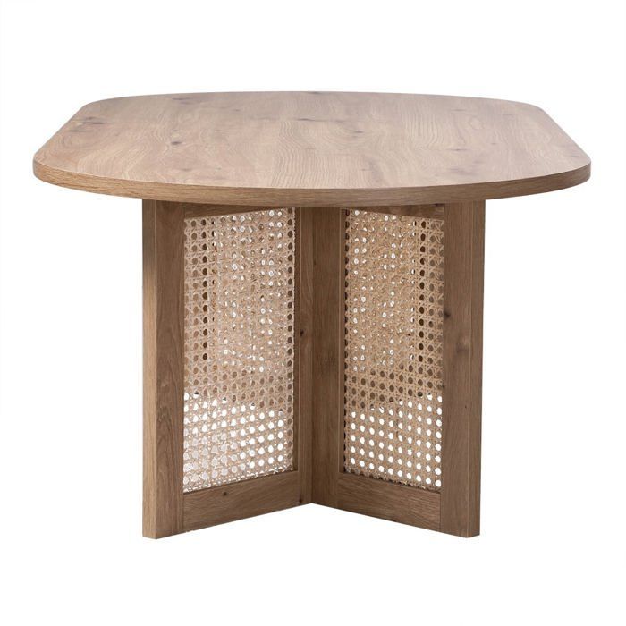 CALICOSY - Oval coffee table with rattan legs, 120 cm long - TALIA - Light wood