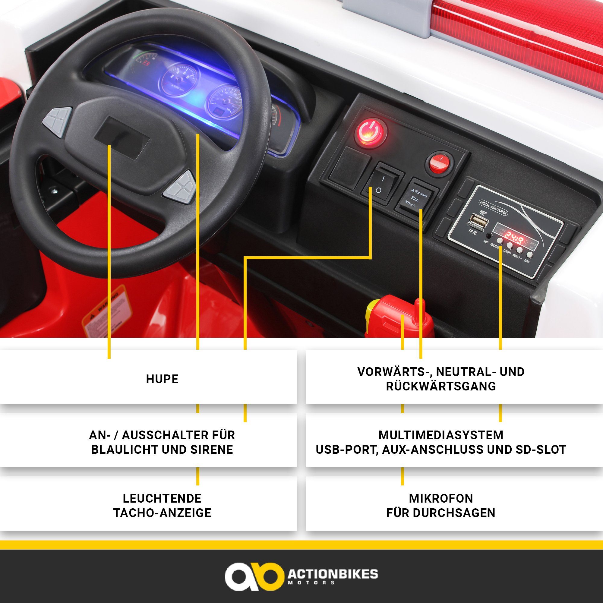Actionbikes Motors Elektrické dětské auto dětské hasičské auto LL911 elektrické - dálkové ovládání - stříkačka a siréna, nosnost 40 kg, (2dílné), dětské dvoumístné vozidlo od 3 let elektrické