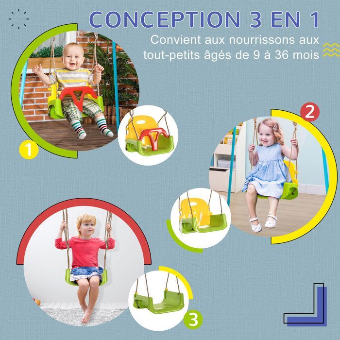 Balançoire siège 3 en 1 - Outsunny - évolutif enfant dossier barre t amovibles 9-36 mois hauteur ajustable - plastique - orange