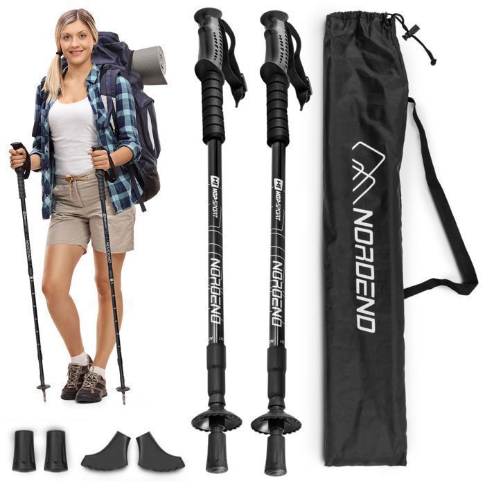 Nordend Hop-Sport säädettävät vaellussauvat 65-135 cm, alumiiniset kävelykepit, iskunvaimennusjärjestelmä, musta kantolaukku