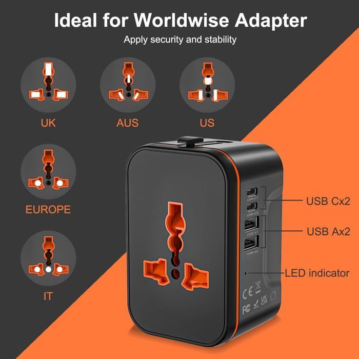 Adaptador de enchufe de viaje universal, adaptador de viaje universal con 2 puertos USB y 2 puertos USB-C.