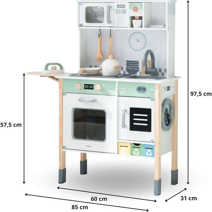 Cucina interattiva in legno per bambini Mamabrum 85 x 31 x 97,5 cm – Altezza regolabile – Accessori – Piastra con suoni e luci