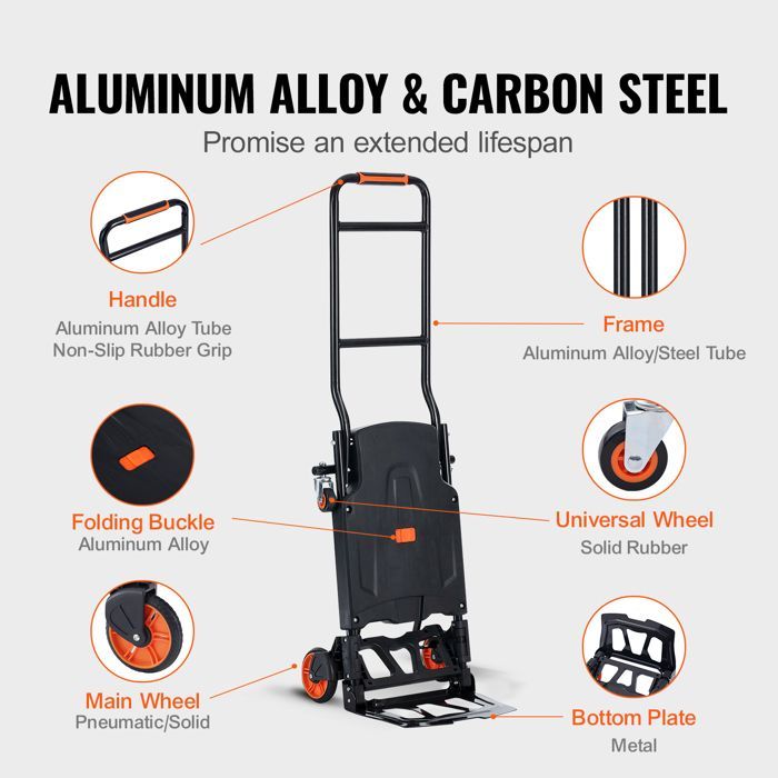 Carretilla de mano de aluminio DUOKU - 2 en 1 - Capacidad de 136 kg - Plegable - Ruedas de goma