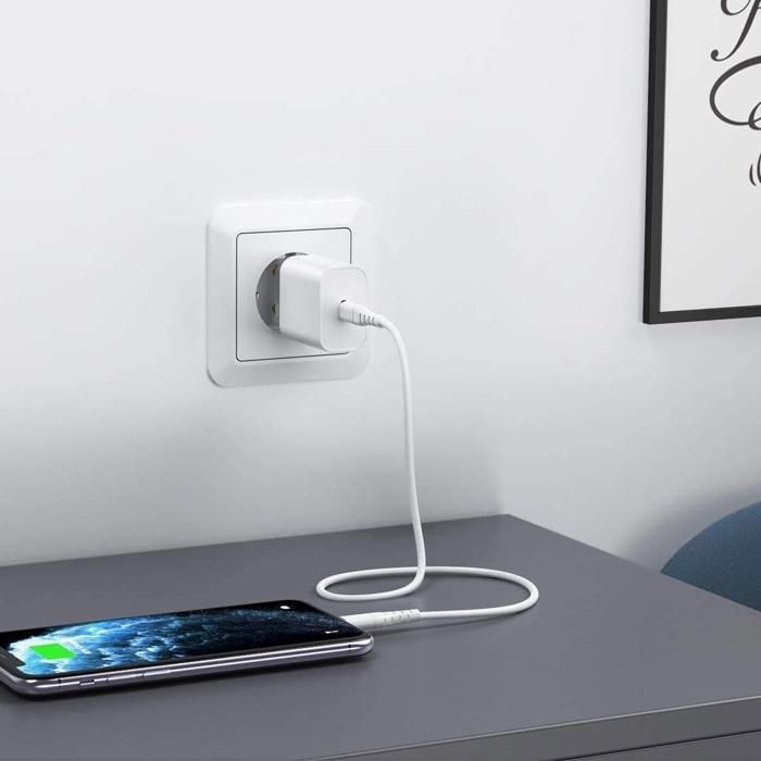 Chargeur Rapide 20W Blanc - Compatible iPhone 14/13/12/11/X - cable USB-C vers Lightning - compatible iPad
