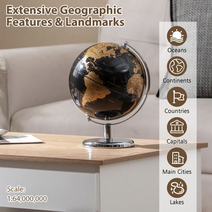 LIFEZEAL Globe terrestre antique de 20 cm avec pied en métal argenté - Pour étudiants et adultes, Décoration,Noir+Doré