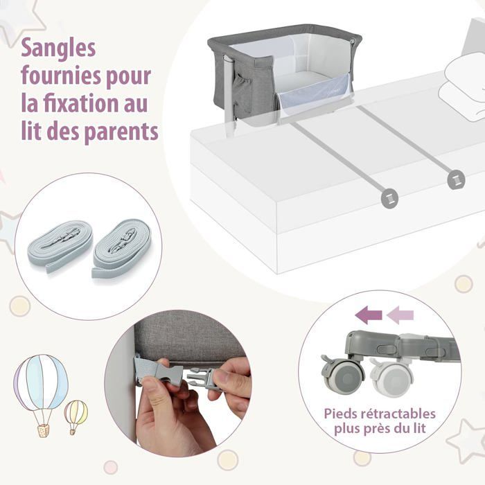 COSTWAY Baby Co-Sleeping Crib with 5 Adjustable Heights, 9KG Load Capacity, Breathable Mesh Bassinet and Travel Bag for Babies 0-6 Months, Light Grey