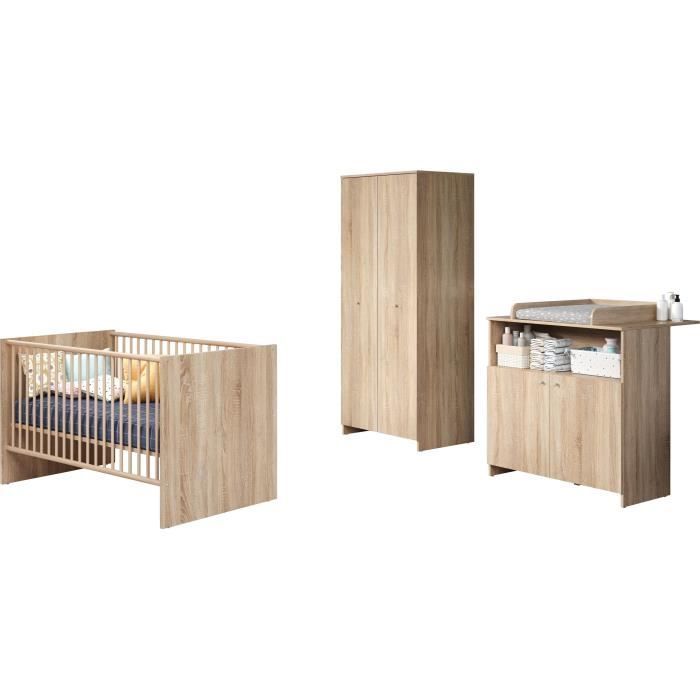 Chambre bébé trio NIKO - Lit 70x140 cm + Commode à langer 2 portes + Armoire 2 portes - Décor chêne naturel - TRENDTEAM