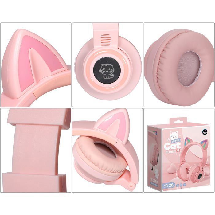 Kids Wireless Bluetooth Headphones: Foldable Cat Ears + LED + Microphone + Card Slot