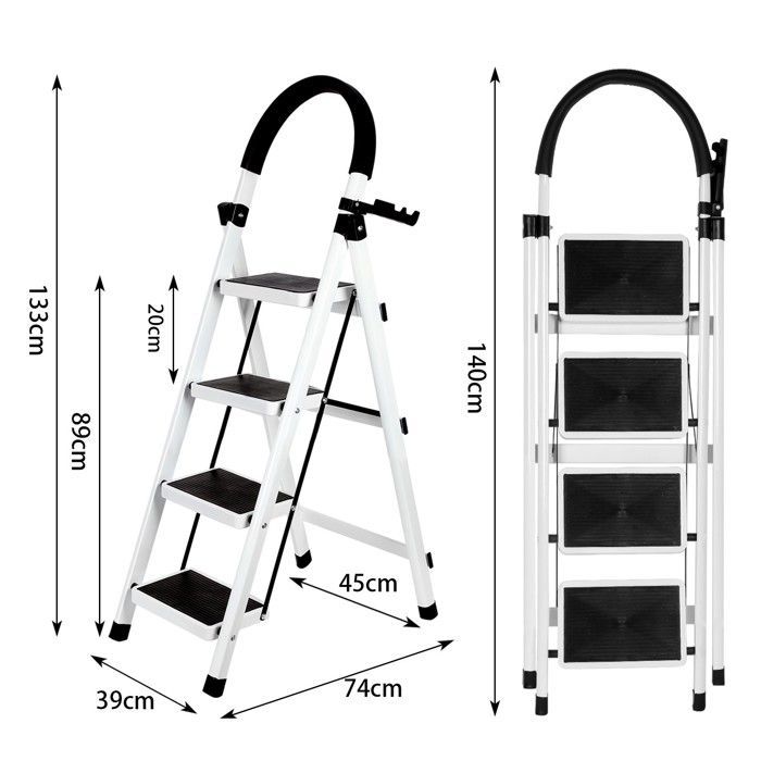 Escalera plegable de aluminio 2 en 1 - MIPAN - Escalera multifuncional - 4 peldaños - 133*74*39cm - Blanca